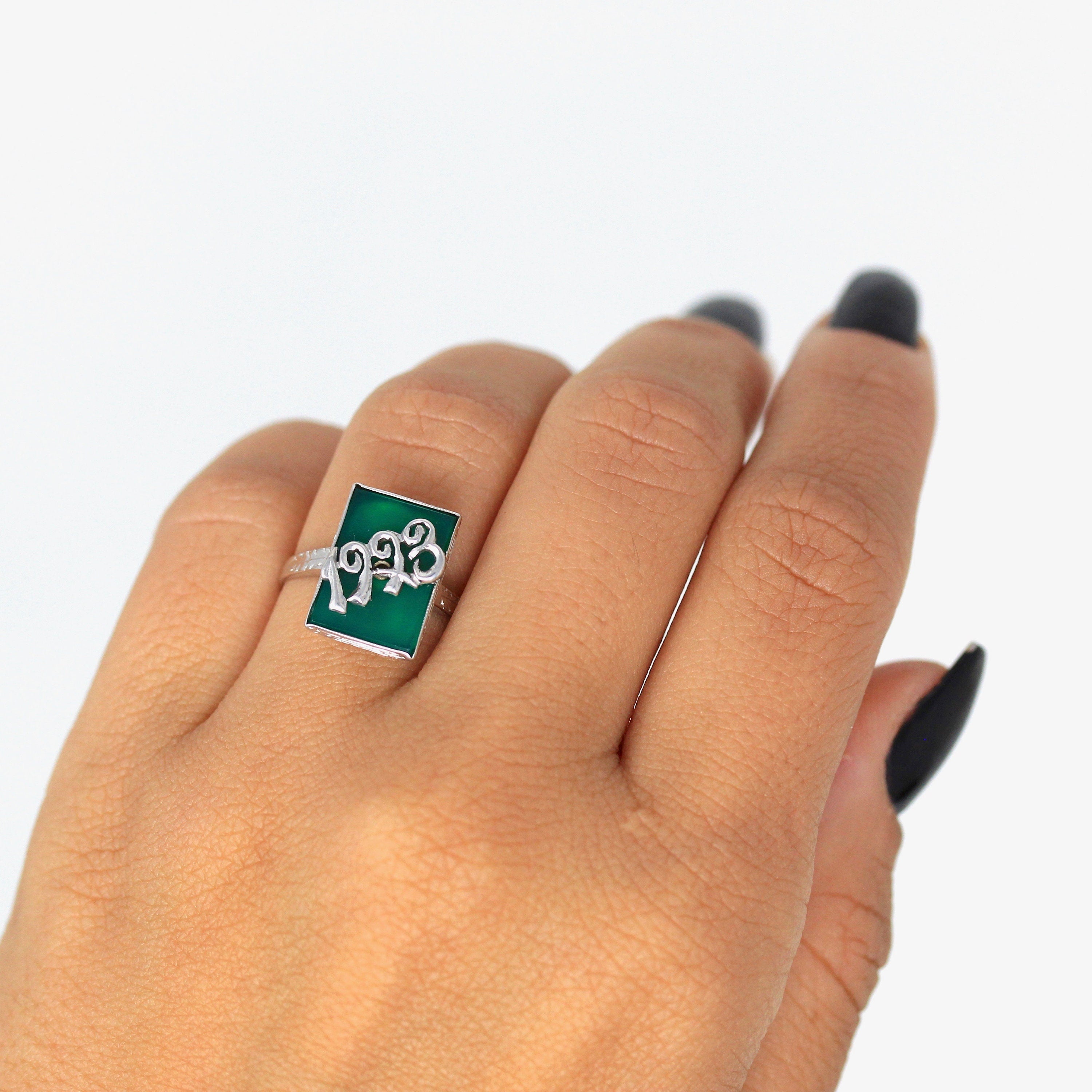 Dated 1923 Ring - Art Deco 14k White Gold Green Chalcedony Genuine Gem - Antique Size 7 1/2 Statement Wheat Shoulder Designs Fine Jewelry