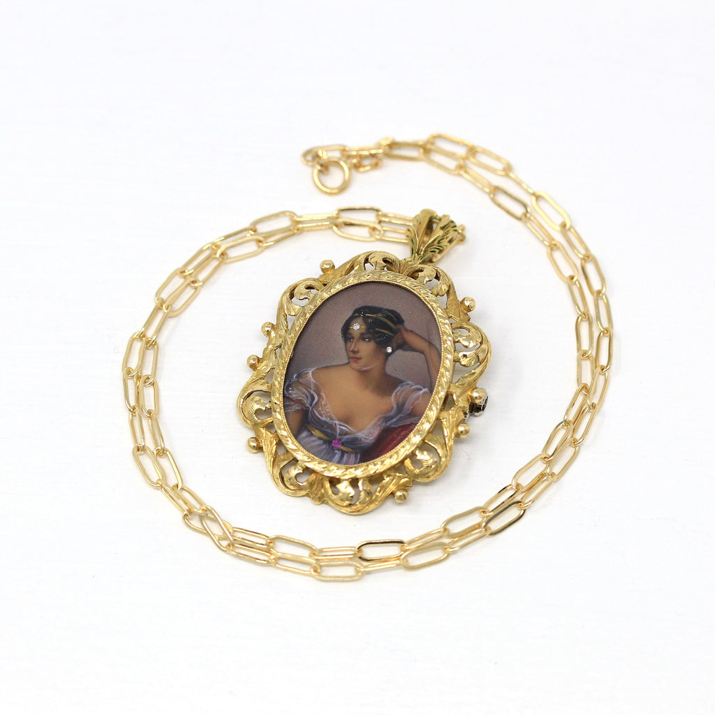 Miniature Portrait Pendant - Retro 18k Yellow Gold Hand Painted Brooch Statement Necklace - Circa 1960s Era Italian Antique Revival Jewelry