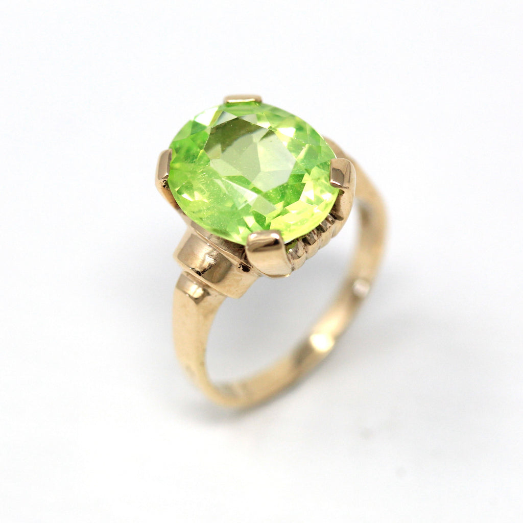 Created Spinel Ring - Retro 10k Yellow Gold Oval Faceted 5.84 CT Green Stone - Vintage Circa 1940s Era Size 5 1/4 Statement Fine 40s Jewelry