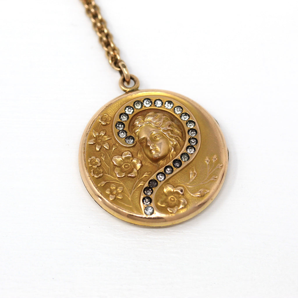 Gibson Girl Locket - Art Nouveau Gold Filled Woman Question Mark Necklace - Antique Edwardian 1900s Flower Rhinestone Statement Jewelry