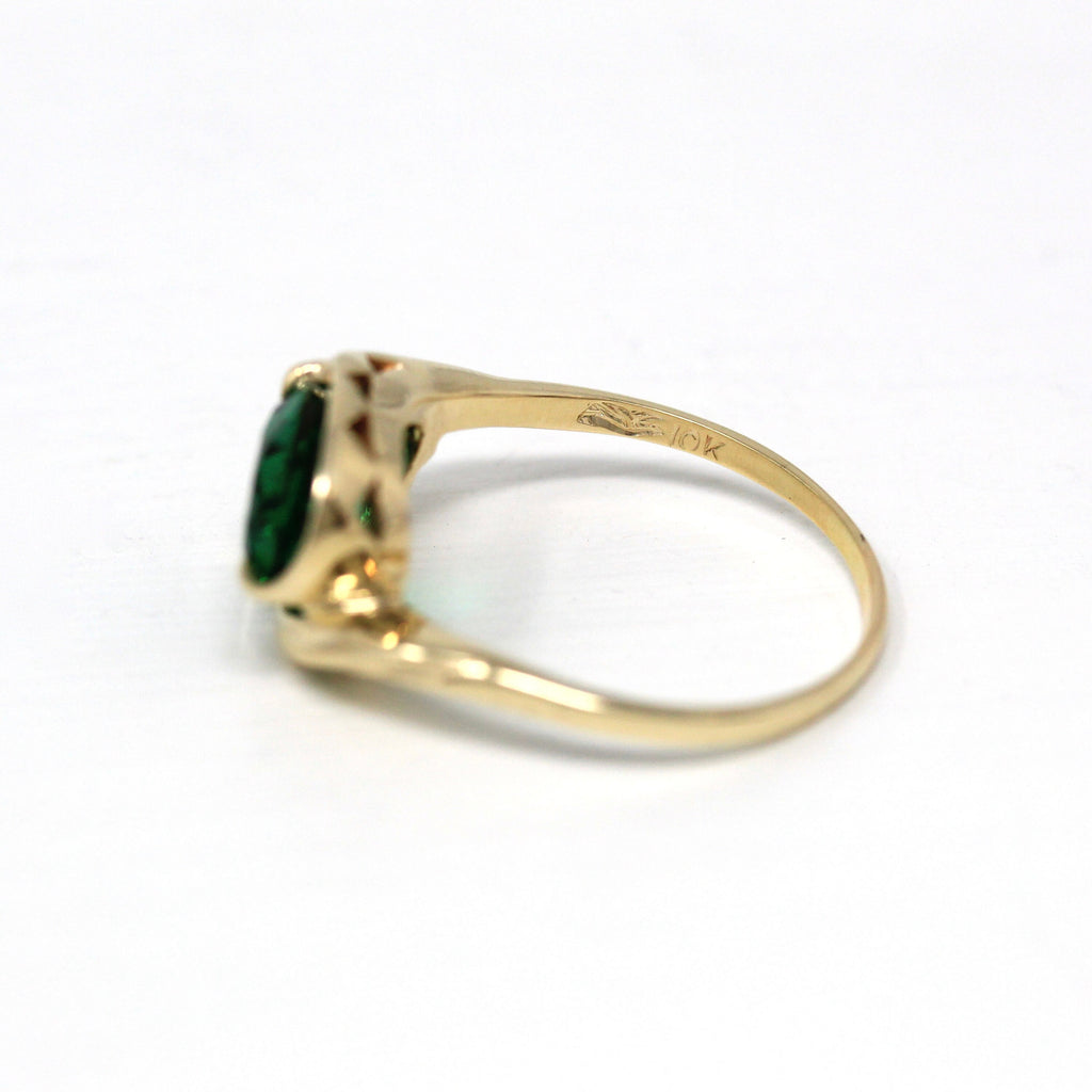 Sale - Simulated Emerald Ring - Retro 10k Yellow Gold Oval Faceted Green Glass Stone - Vintage 1960s Era Size 8 Created Spinel Fine Jewelry