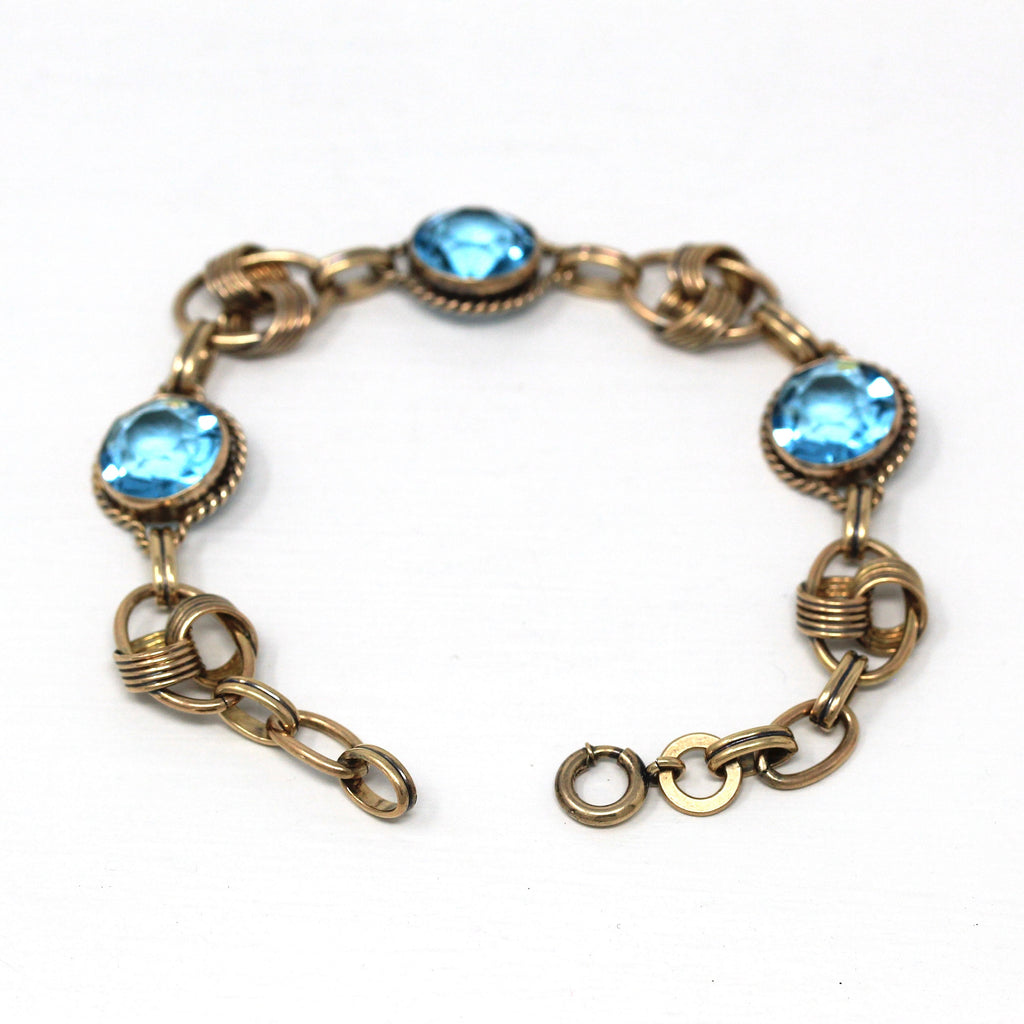 Simulated Aquamarine Bracelet - Vintage Retro 12k Gold Filled on Silver Light Blue Glass - Retro Circa 1940s Statement Carl Arts Jewelry