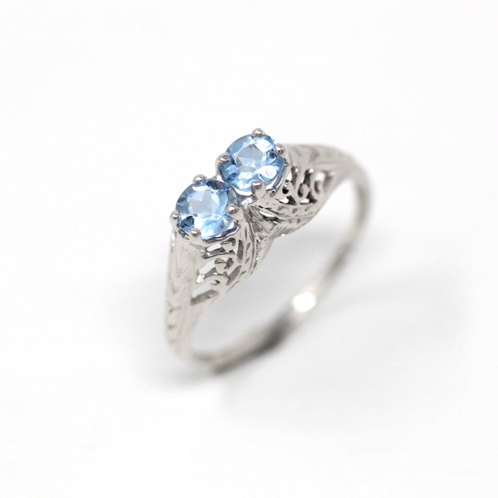 Two Stone Ring - Vintage 18k White Gold Art Deco Era 1/2 ctw Blue Aquamarine Gemstones - 1930s Size 7 Statement Filigree 30s Fine Jewelry