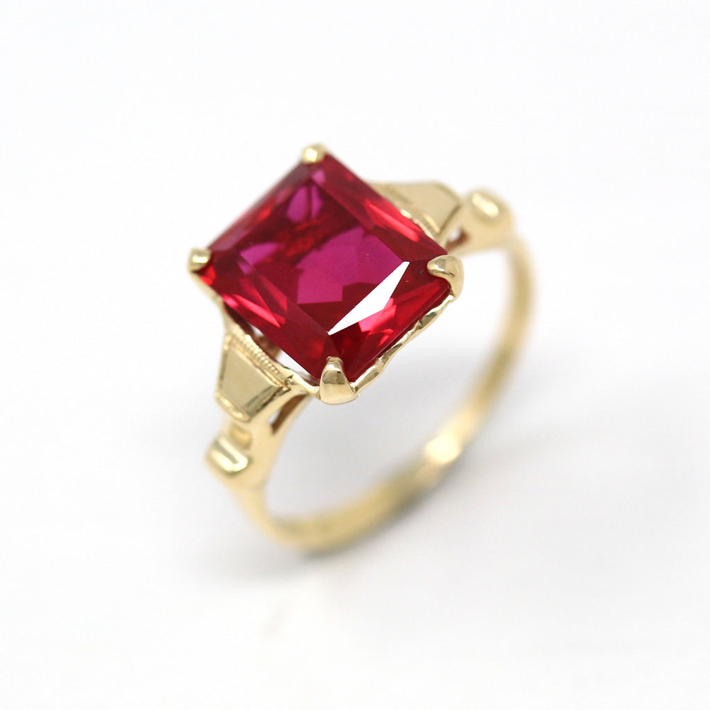Created Ruby Ring - Vintage 10k Yellow Gold Red Faceted 3.22 CT Stone Solitaire Style - Retro Era Circa 1940s Size 5 Fine 40s Jewelry