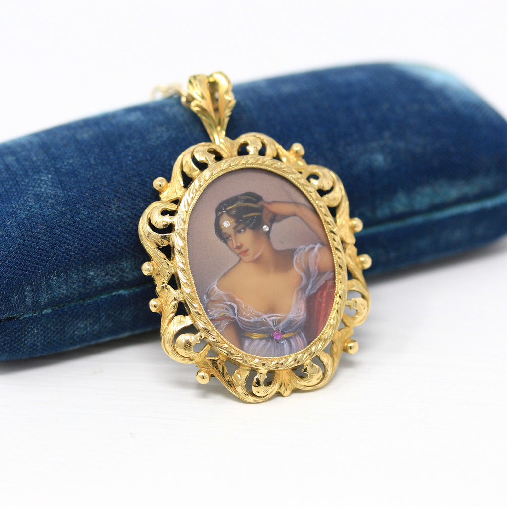 Miniature Portrait Pendant - Retro 18k Yellow Gold Hand Painted Brooch Statement Necklace - Circa 1960s Era Italian Antique Revival Jewelry