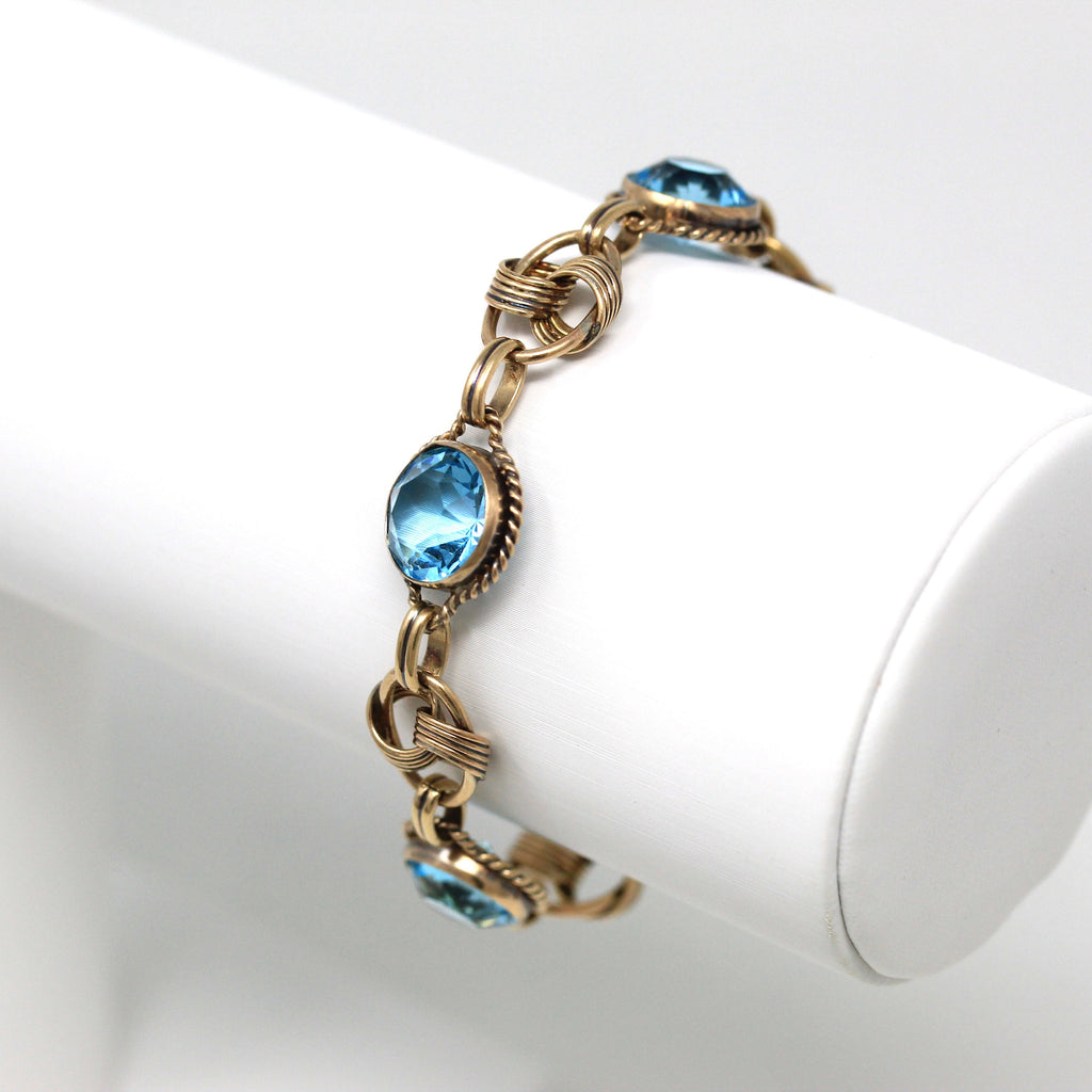 Simulated Aquamarine Bracelet - Vintage Retro 12k Gold Filled on Silver Light Blue Glass - Retro Circa 1940s Statement Carl Arts Jewelry