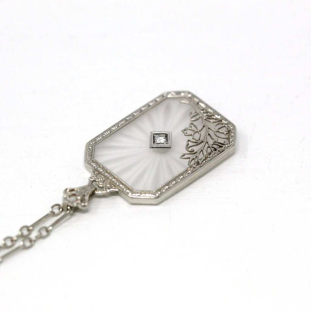 Rock Crystal Quartz Necklace - Art Deco 10k White Gold Diamond Flower Filigree Pendant - Vintage Circa 1930s Era Statement Fine 30s Jewelry