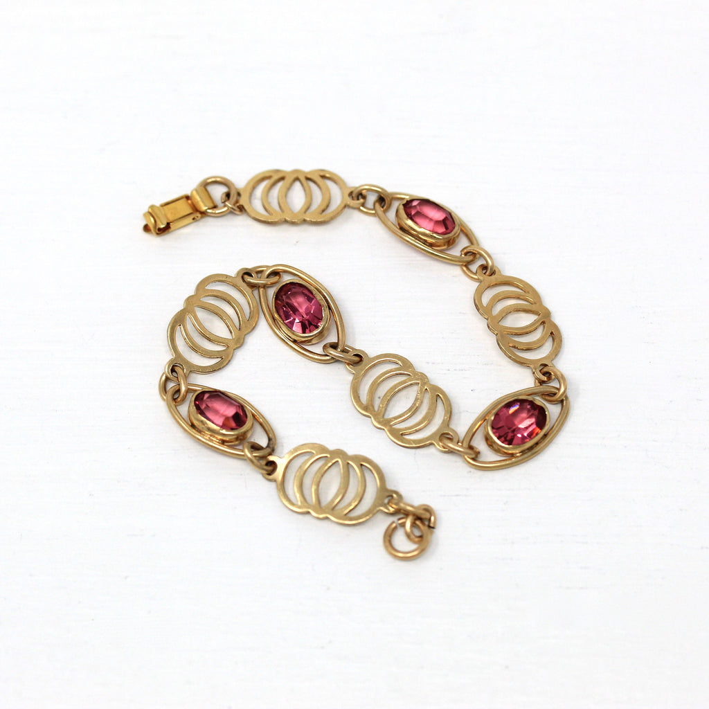 Simulated Pink Sapphire Bracelet - Retro 12k Gold Filled Oval Faceted Pink Glass Stones - Vintage Circa 1940s Era Fashion Accessory Jewelry