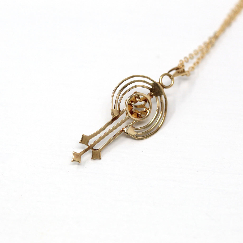 Antique Lavalier Necklace - Edwardian Era 10k Yellow Gold Genuine .02 CT Diamond Gemstone - Circa 1900s Shooting Star Comet Fob Fine Jewelry