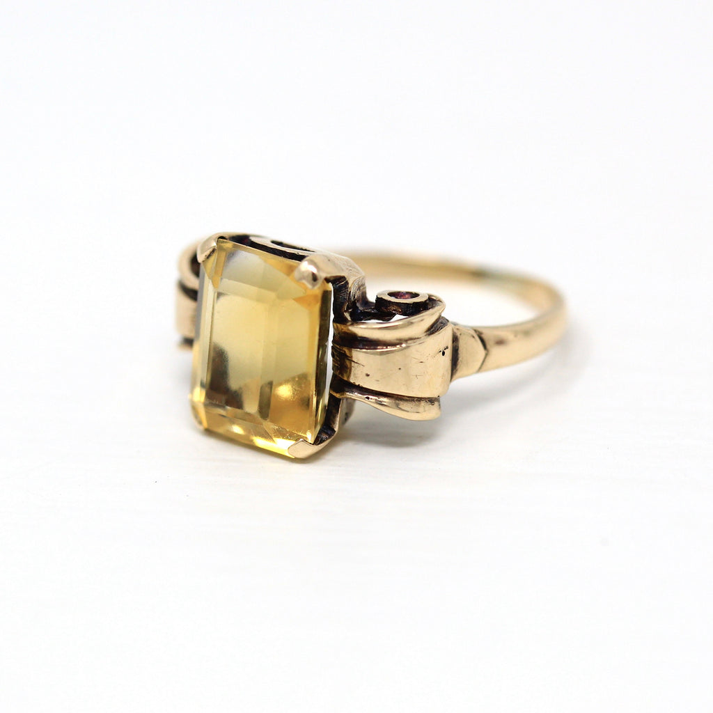 Genuine Citrine Ring - Retro 10k Yellow Gold Rectangular Faceted 3.32 CT Gemstone - Vintage Circa 1940s Era Size 5 1/4 Cocktail Fine Jewelry
