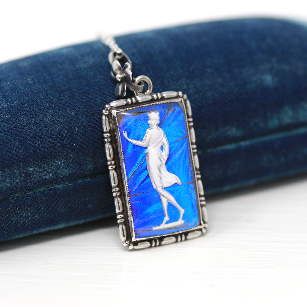 Morpho Butterfly Necklace - Art Deco Sterling Silver Blue Insect Wing Diana Artemis - Antique Circa 1920s Era Sulphide Cameo England Jewelry