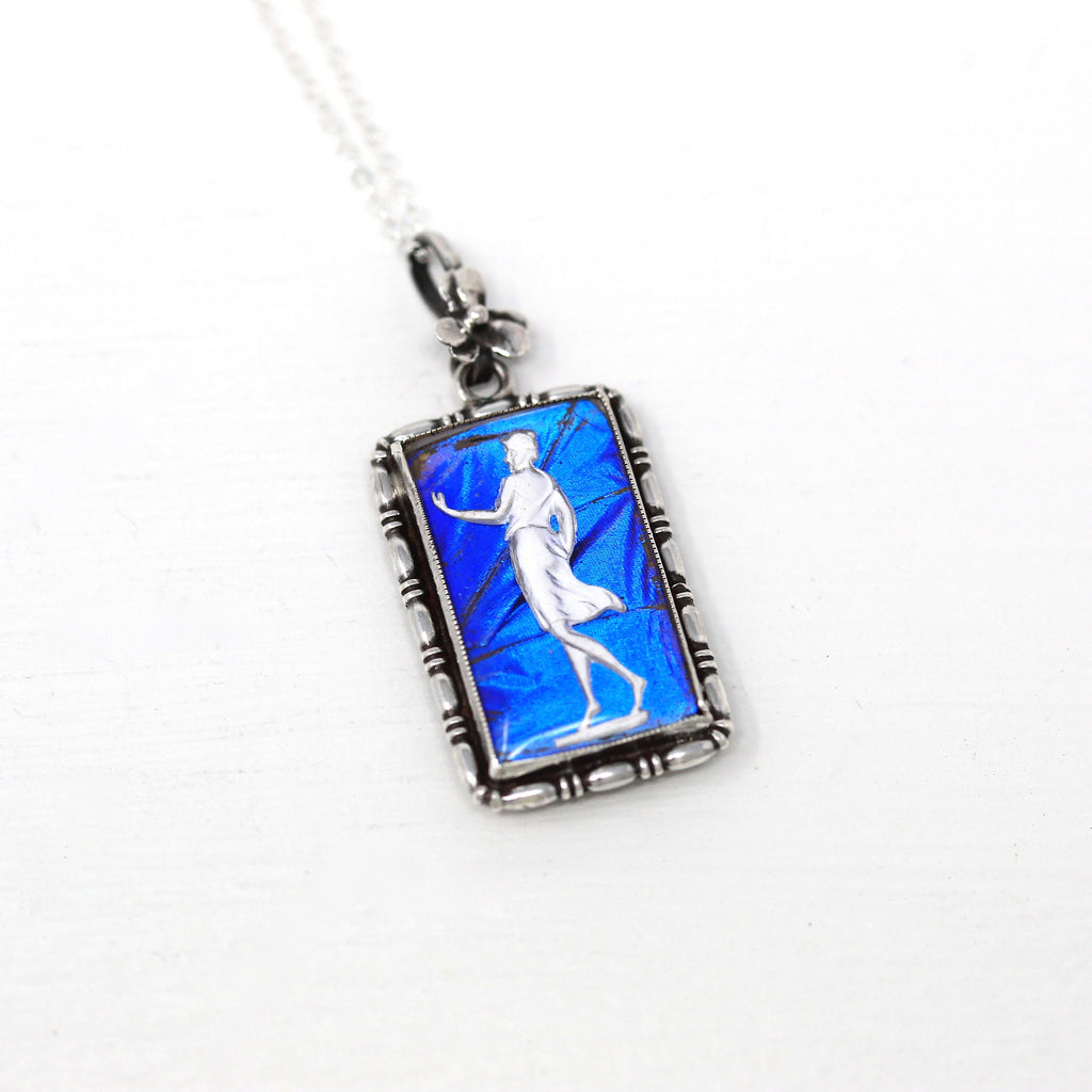 Morpho Butterfly Necklace - Art Deco Sterling Silver Blue Insect Wing Diana Artemis - Antique Circa 1920s Era Sulphide Cameo England Jewelry