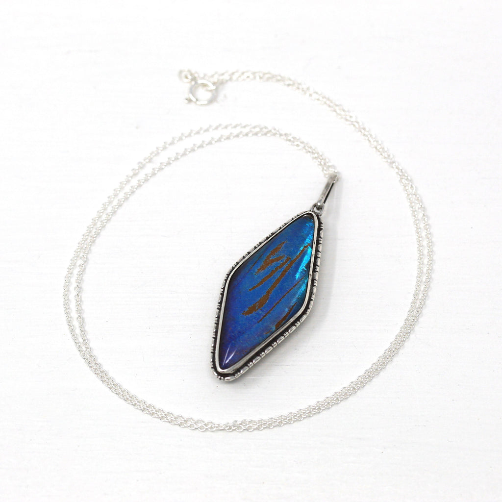 Morpho Butterfly Pendant - Art Deco Sterling Silver Blue Bug Insect Wing Necklace - Antique Circa 1920s Era Double Sided Statement Jewelry