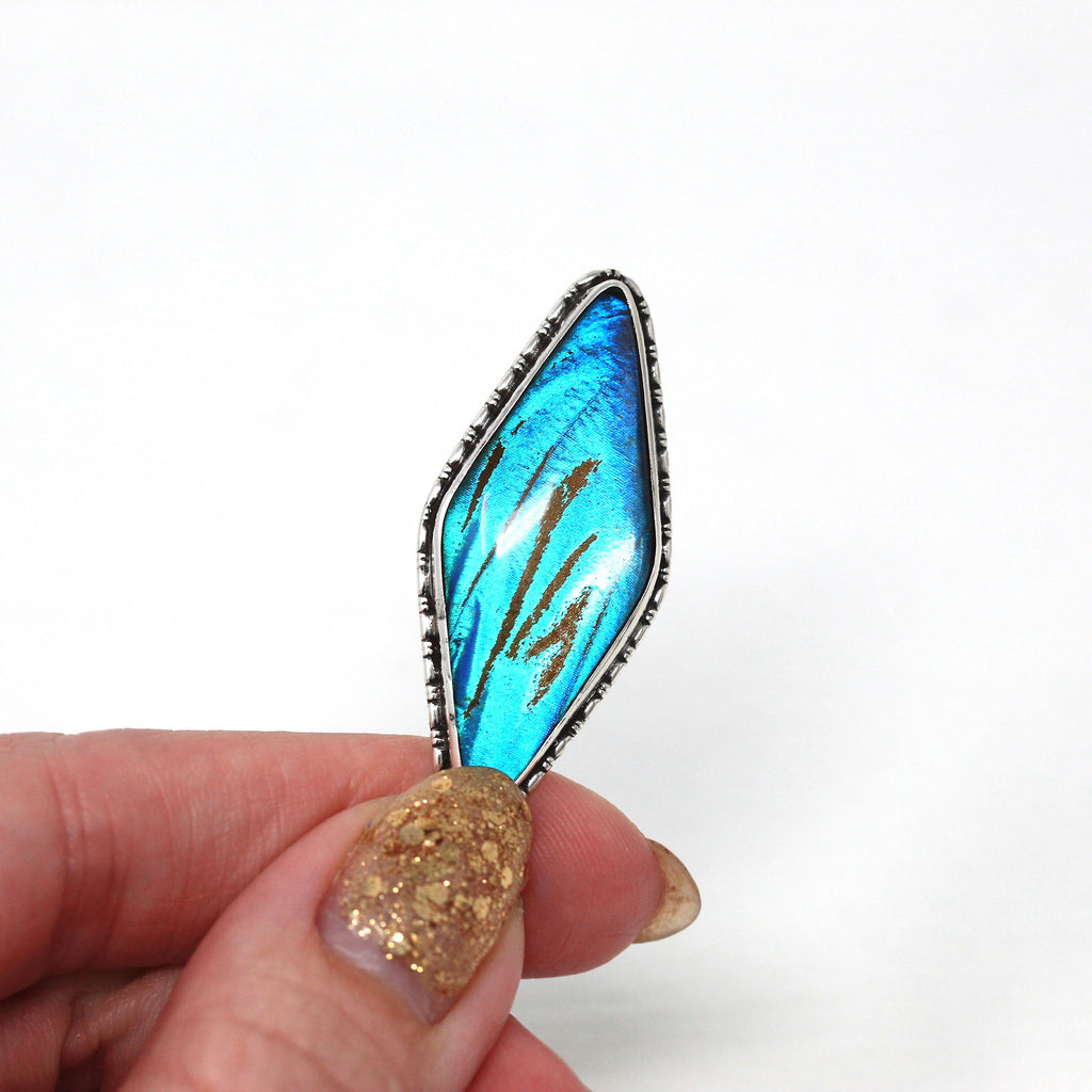 Morpho Butterfly Pendant - Art Deco Sterling Silver Blue Bug Insect Wing Necklace - Antique Circa 1920s Era Double Sided Statement Jewelry