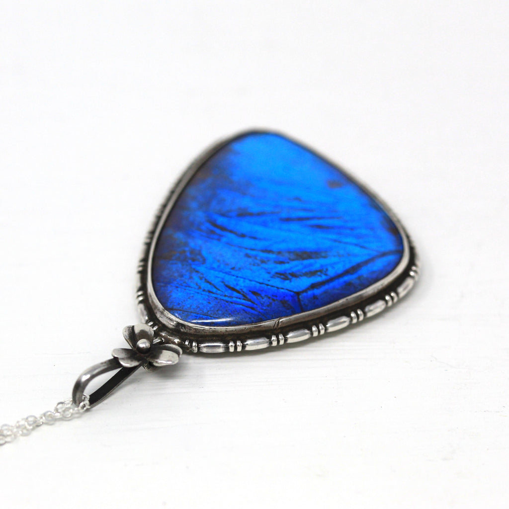 Morpho Butterfly Necklace - Art Deco Sterling Silver Blue Bug Insect Wing Pendant - Antique Circa 1920s Era English Thomas L. Mott Jewelry