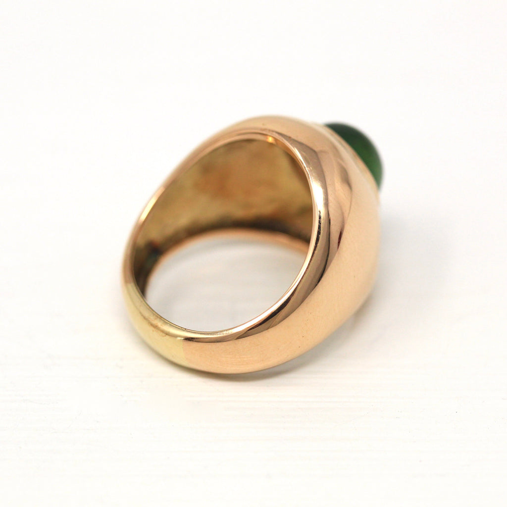 Green Stone Ring - Retro 14k Rose Gold Oval Cabochon Cut Bezel Set Glass - Vintage Circa 1970s Era Size 5 Statement Fine 70s Jewelry