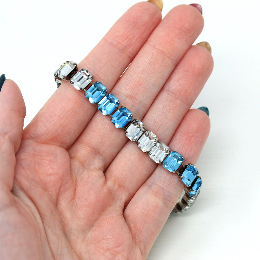 Art Deco Bracelet - Vintage Sterling Silver Blue & White Glass Rhinestones Line Style - Circa 1930s Era Statement Fashion Accessory Jewelry
