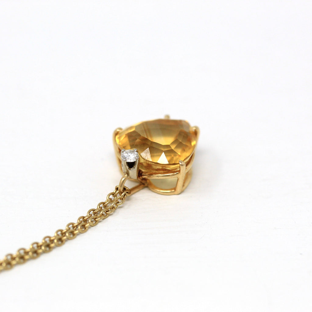 Genuine Citrine Necklace - Modern 14k Yellow Gold Heart Cut 5.41 CT Orange Gem Pendant - Estate Circa 1990s Era Symbolic Love Fine Jewelry