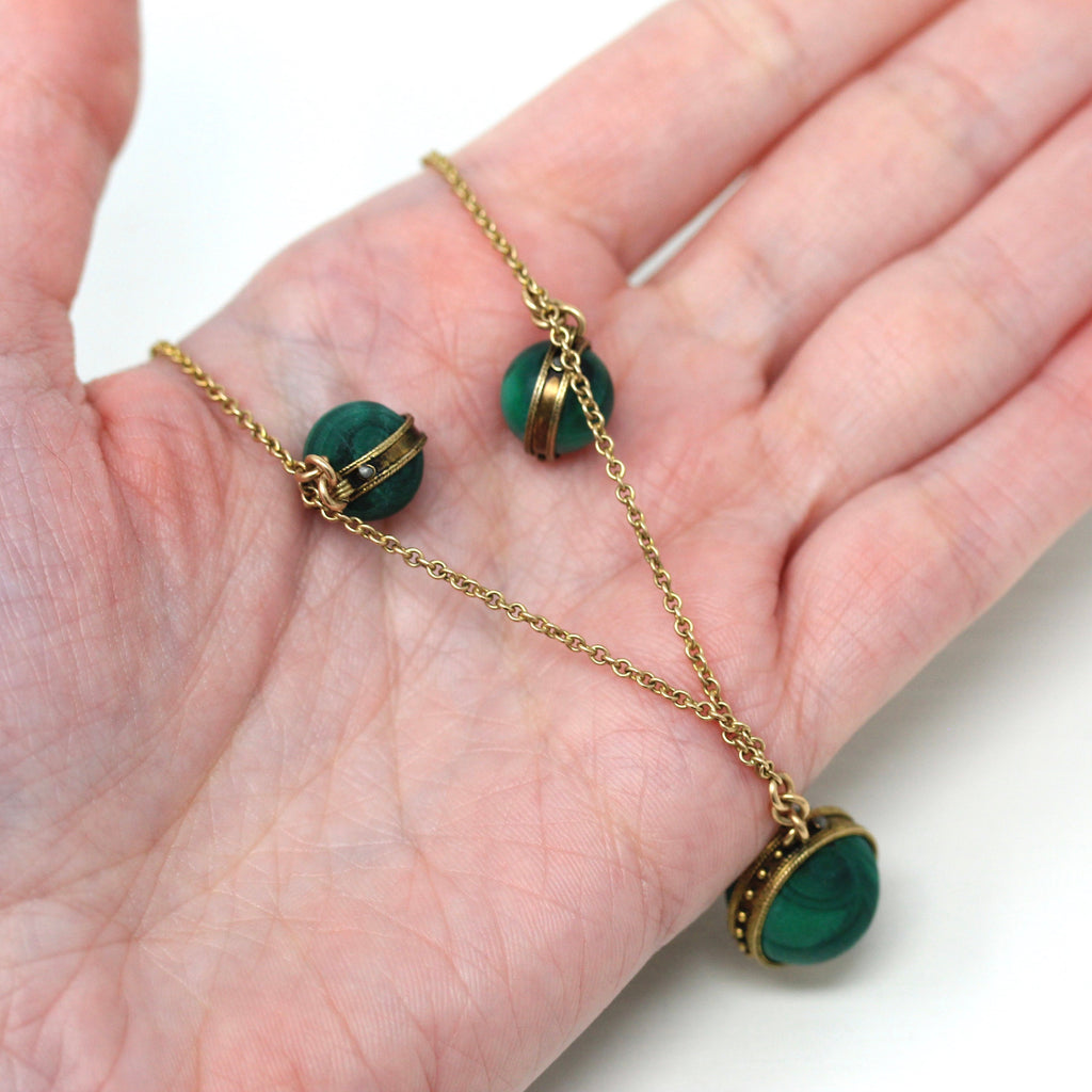 Genuine Malachite Necklace - Edwardian 14k Yellow Gold Cable Chain Station Style - Antique Circa 1900s Era 21 1/2 Spring Ring Clasp Jewelry