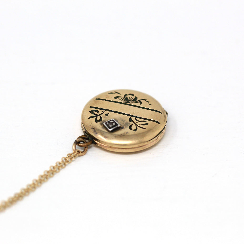 Vintage Diamond Locket - Retro Gold Filled Round Single Cut Gemstone Pendant Necklace - Circa 1940s Era Flower Original Photos Jewelry