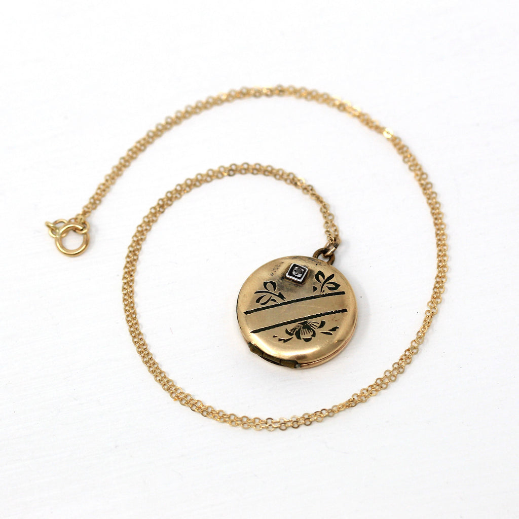 Vintage Diamond Locket - Retro Gold Filled Round Single Cut Gemstone Pendant Necklace - Circa 1940s Era Flower Original Photos Jewelry