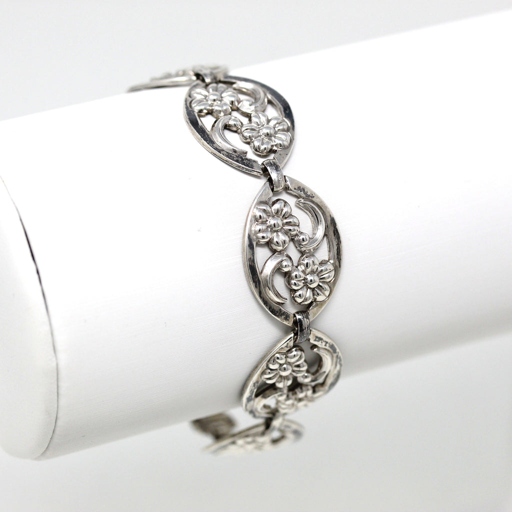 Vintage Flower Bracelet - Retro Sterling Silver Statement Panels Fashion Accessory - Circa 1940s Era 7 Inches Floral Design WRE 40s Jewelry