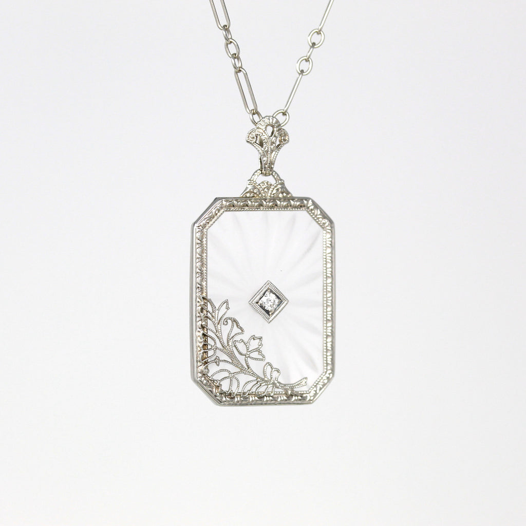 Rock Crystal Quartz Necklace - Art Deco 10k White Gold Diamond Flower Filigree Pendant - Vintage Circa 1930s Era Statement Fine 30s Jewelry
