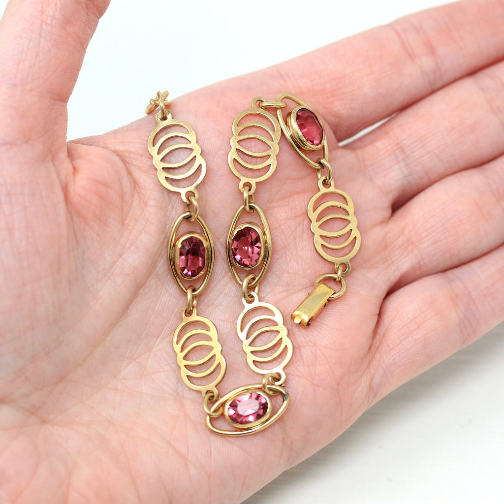 Simulated Pink Sapphire Bracelet - Retro 12k Gold Filled Oval Faceted Pink Glass Stones - Vintage Circa 1940s Era Fashion Accessory Jewelry