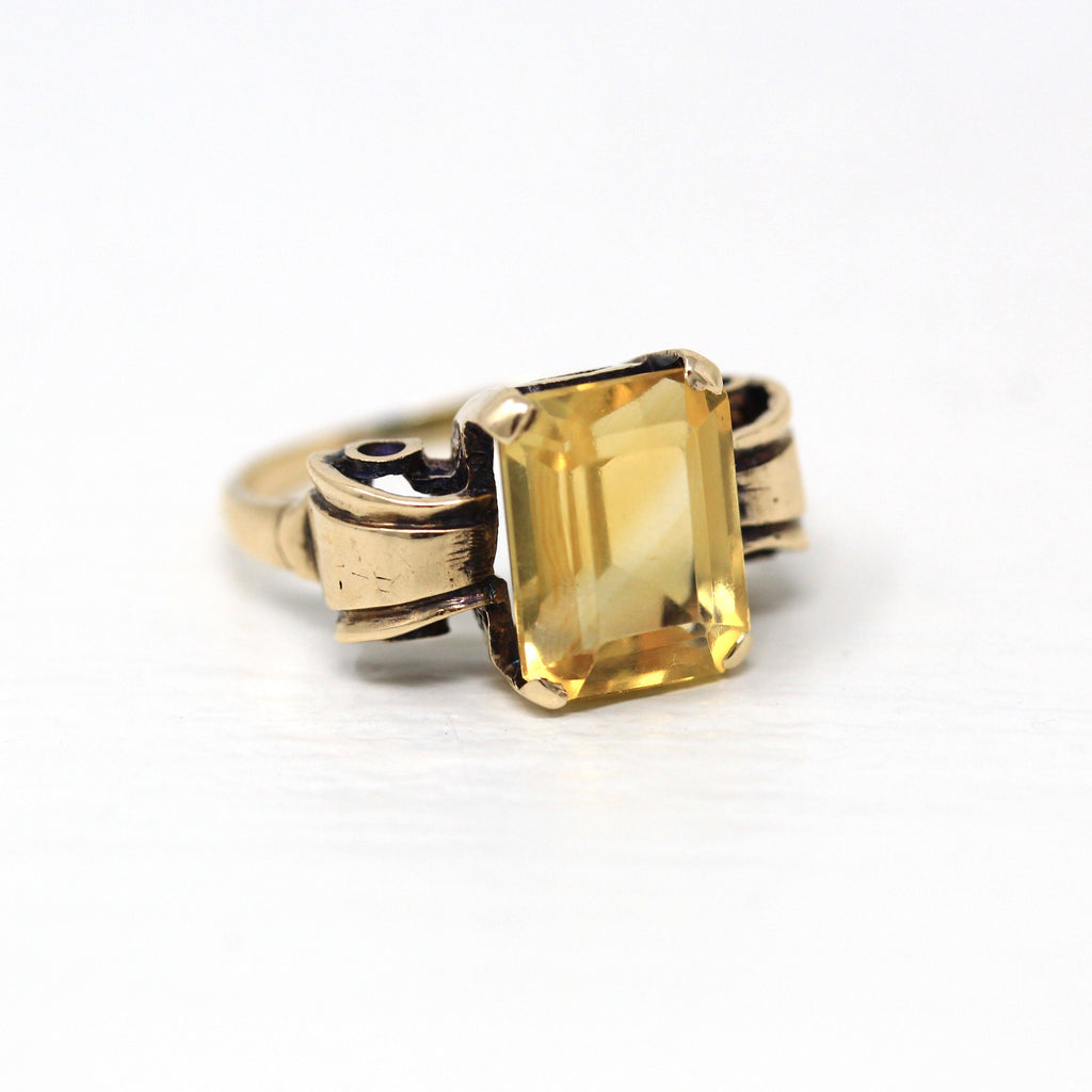 Genuine Citrine Ring - Retro 10k Yellow Gold Rectangular Faceted 3.32 CT Gemstone - Vintage Circa 1940s Era Size 5 1/4 Cocktail Fine Jewelry