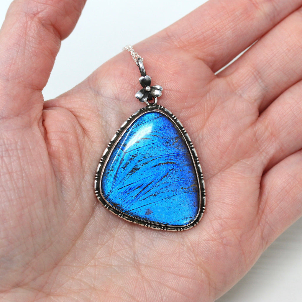 Morpho Butterfly Necklace - Art Deco Sterling Silver Blue Bug Insect Wing Pendant - Antique Circa 1920s Era English Thomas L. Mott Jewelry