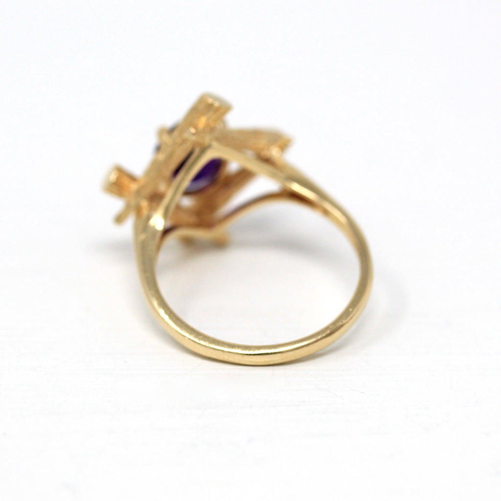 Genuine Amethyst Ring - Vintage Retro 14k Yellow Gold Bamboo Branch Statement - 1970s Size 7 3/4 February Birthstone Purple Gem Fine Jewelry