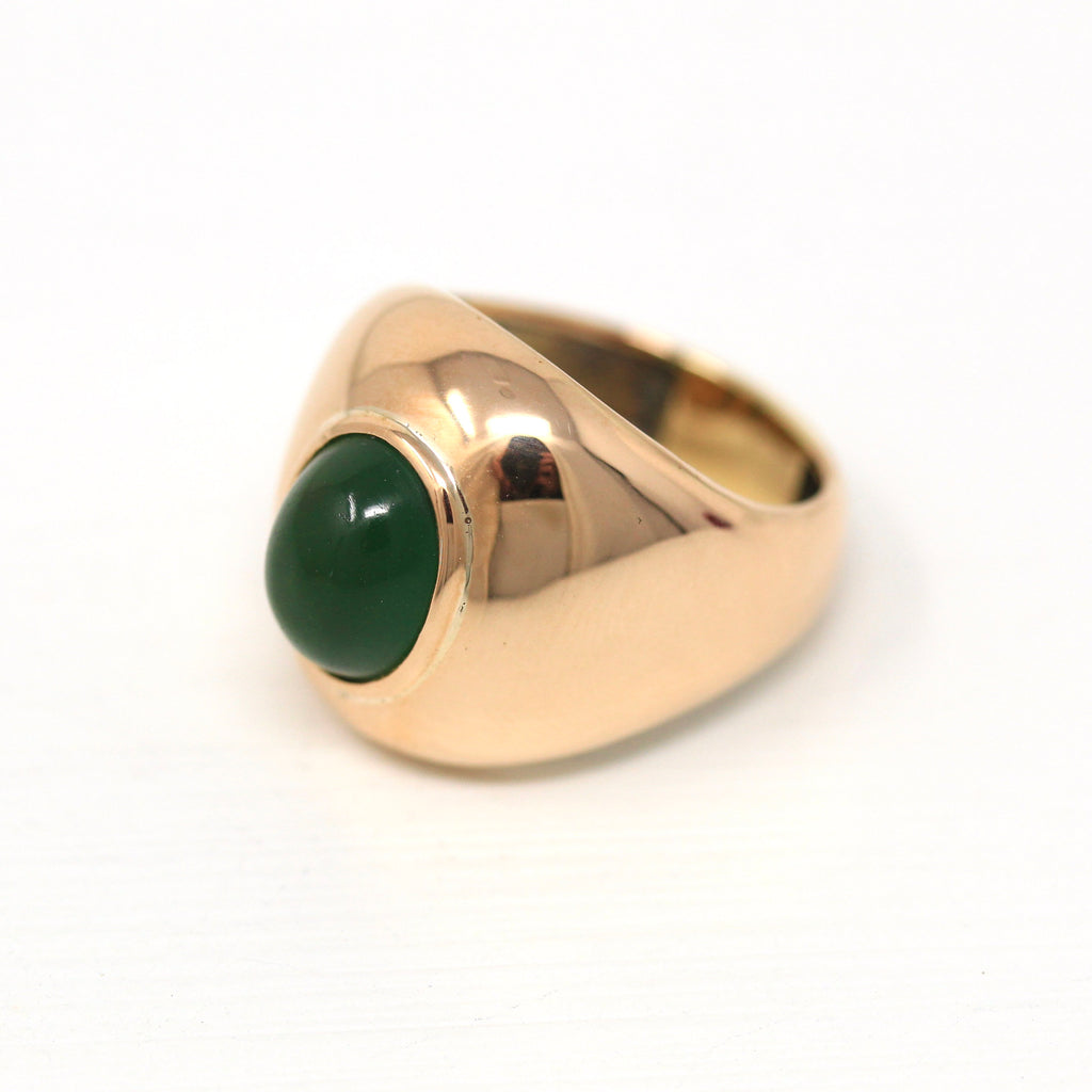 Green Stone Ring - Retro 14k Rose Gold Oval Cabochon Cut Bezel Set Glass - Vintage Circa 1970s Era Size 5 Statement Fine 70s Jewelry
