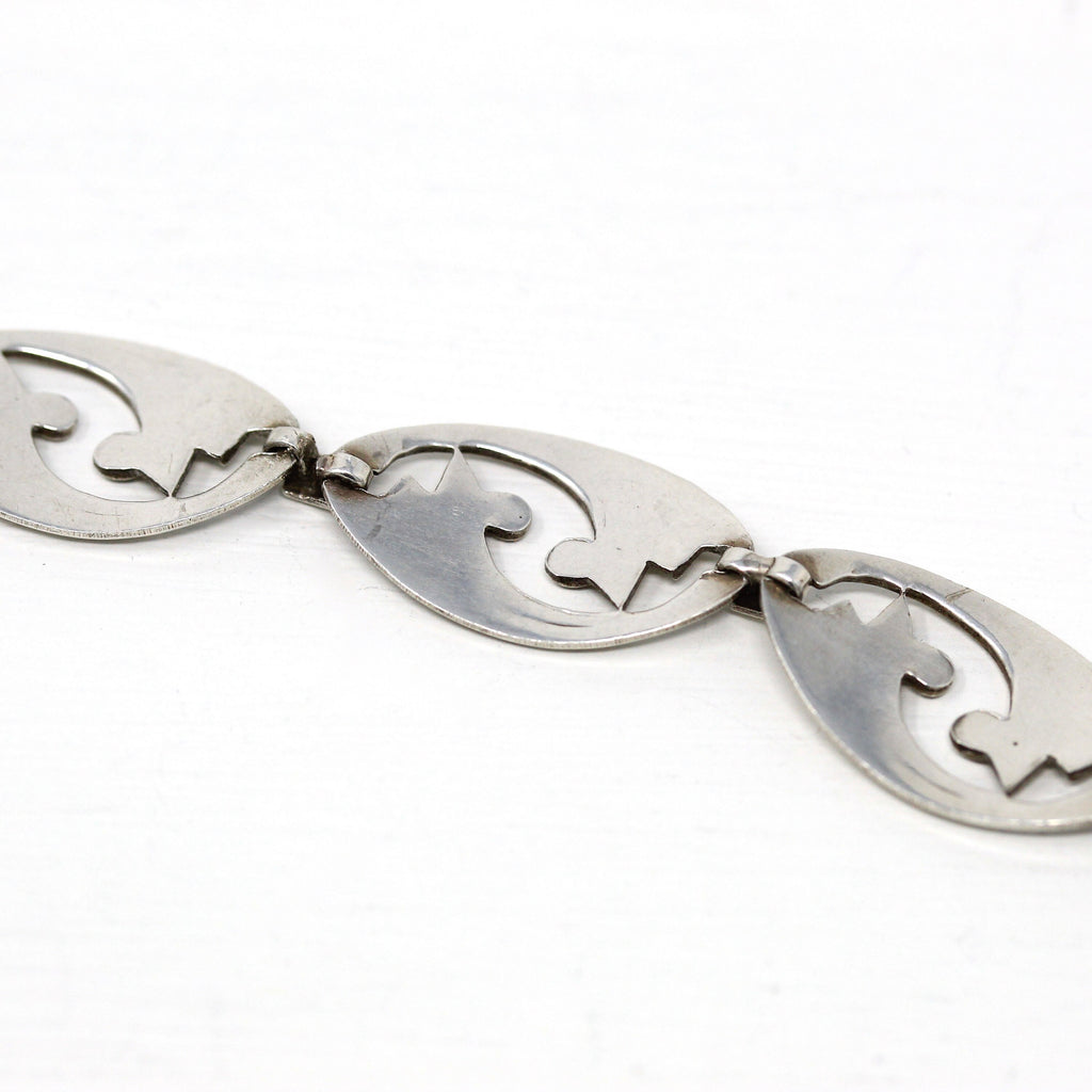 Vintage Panel Bracelet - Retro Sterling Silver Swirl Style Design Fashion Accessory - Circa 1940s Era 7 1/2 Inches Statement WRE 40s Jewelry