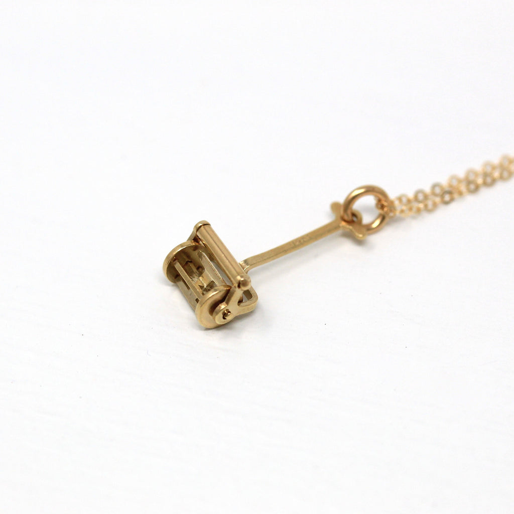Push Mower Charm - Retro 14k Yellow Gold Moving Mechanical Pendant Necklace - Vintage Circa 1960s Era 3D Lawn Mowing Grass Fine 60s Jewelry