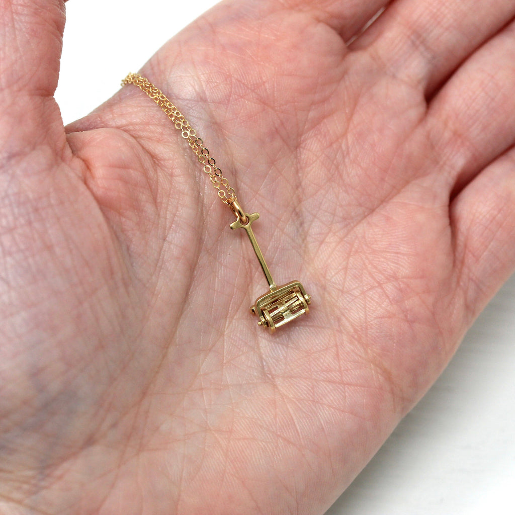 Push Mower Charm - Retro 14k Yellow Gold Moving Mechanical Pendant Necklace - Vintage Circa 1960s Era 3D Lawn Mowing Grass Fine 60s Jewelry