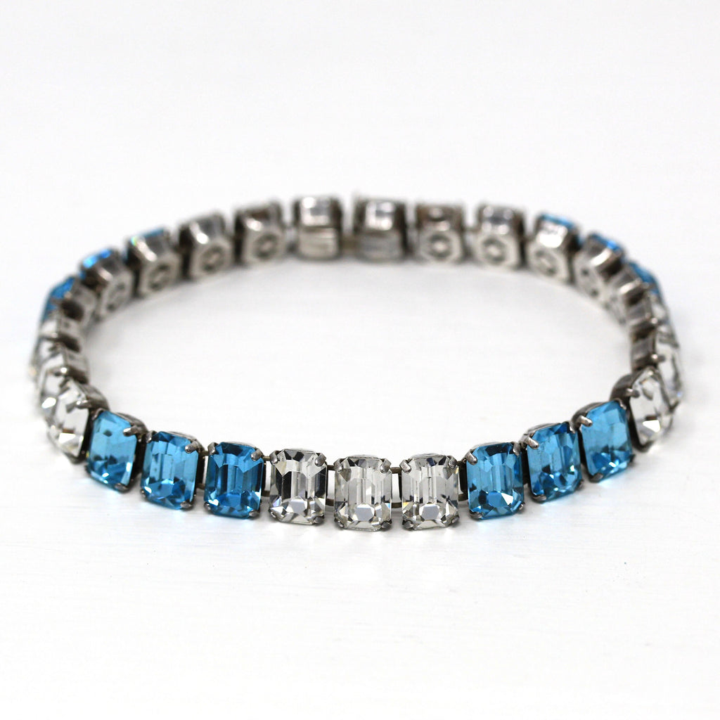 Art Deco Bracelet - Vintage Sterling Silver Blue & White Glass Rhinestones Line Style - Circa 1930s Era Statement Fashion Accessory Jewelry