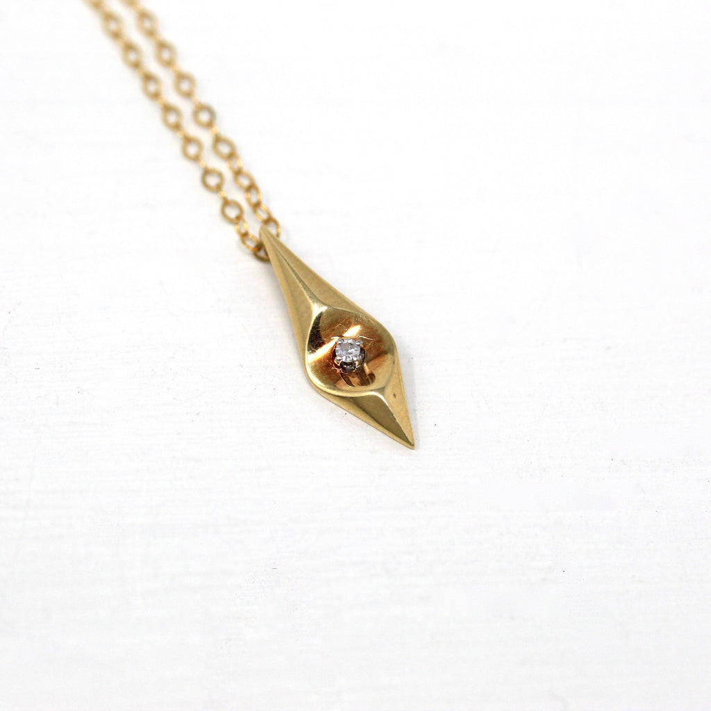 Genuine Diamond Charm - Modern 14k Yellow Gold .02 CT Gemstone Pendant Necklace - Estate Circa 2000's Era Dainty Diamond Shaped Fine Jewelry