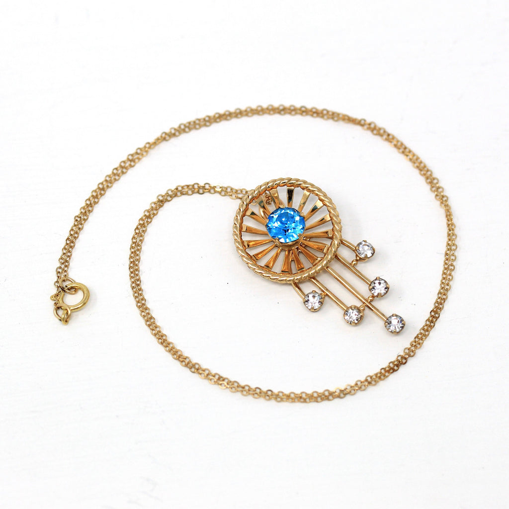 Van Dell Necklace - Retro 12k Gold Filled Simulated Zircon Blue Glass Stone Pendant - Vintage Circa 1940s Era Fashion Accessory 40s Jewelry