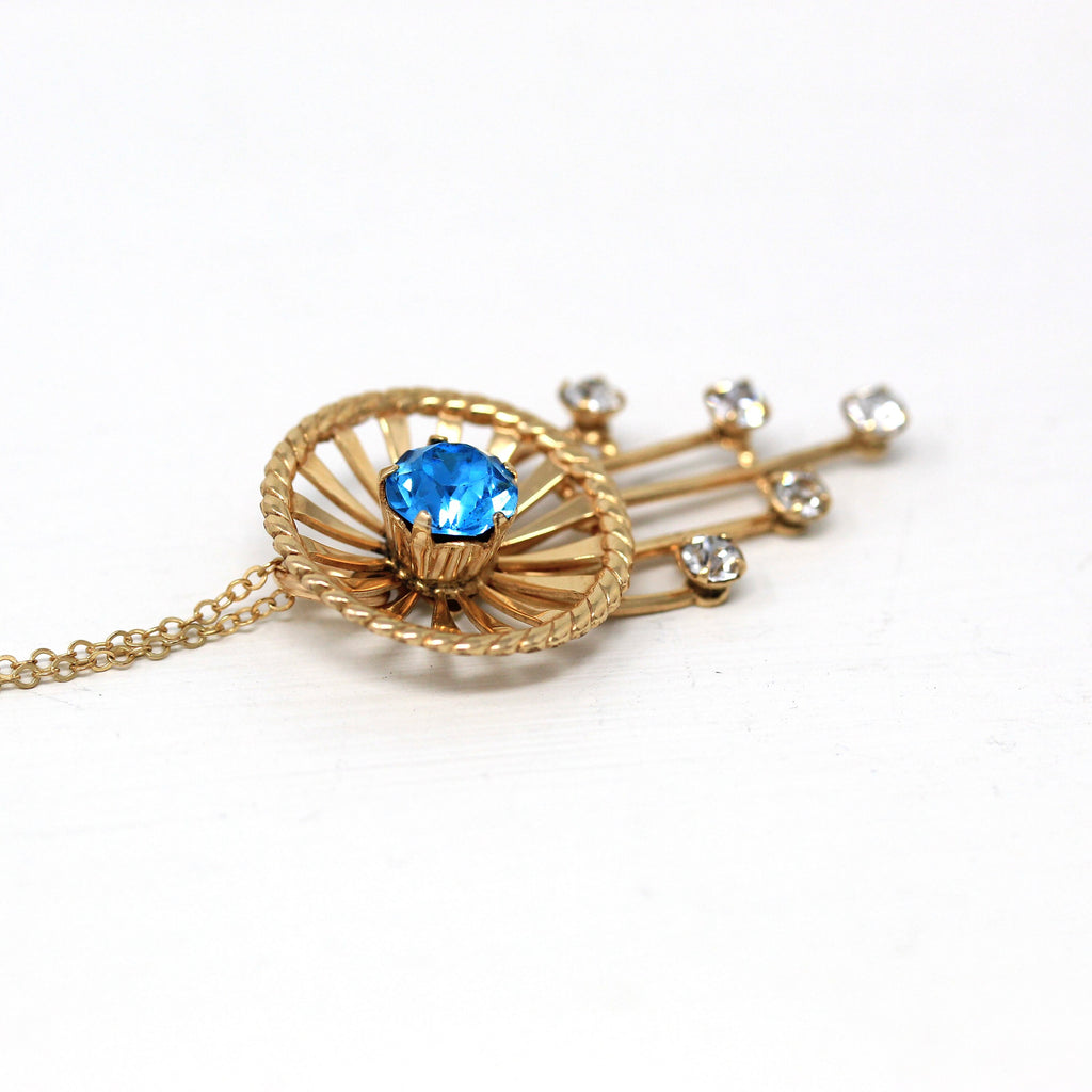 Van Dell Necklace - Retro 12k Gold Filled Simulated Zircon Blue Glass Stone Pendant - Vintage Circa 1940s Era Fashion Accessory 40s Jewelry