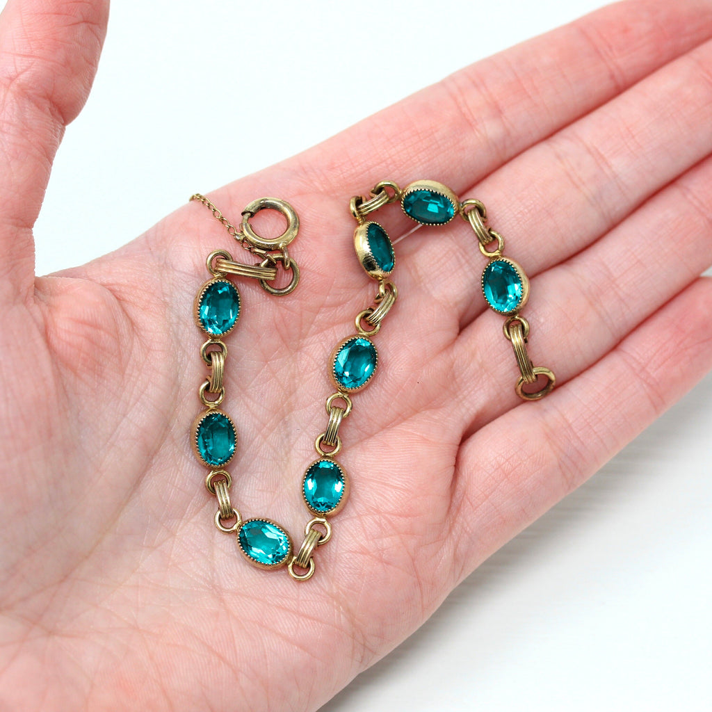 Teal Glass Bracelet - Retro 12k Yellow Gold Filled Oval Faceted Blue Green Glass - Vintage Circa 1960s Era Fashion Accessory 60s Jewelry