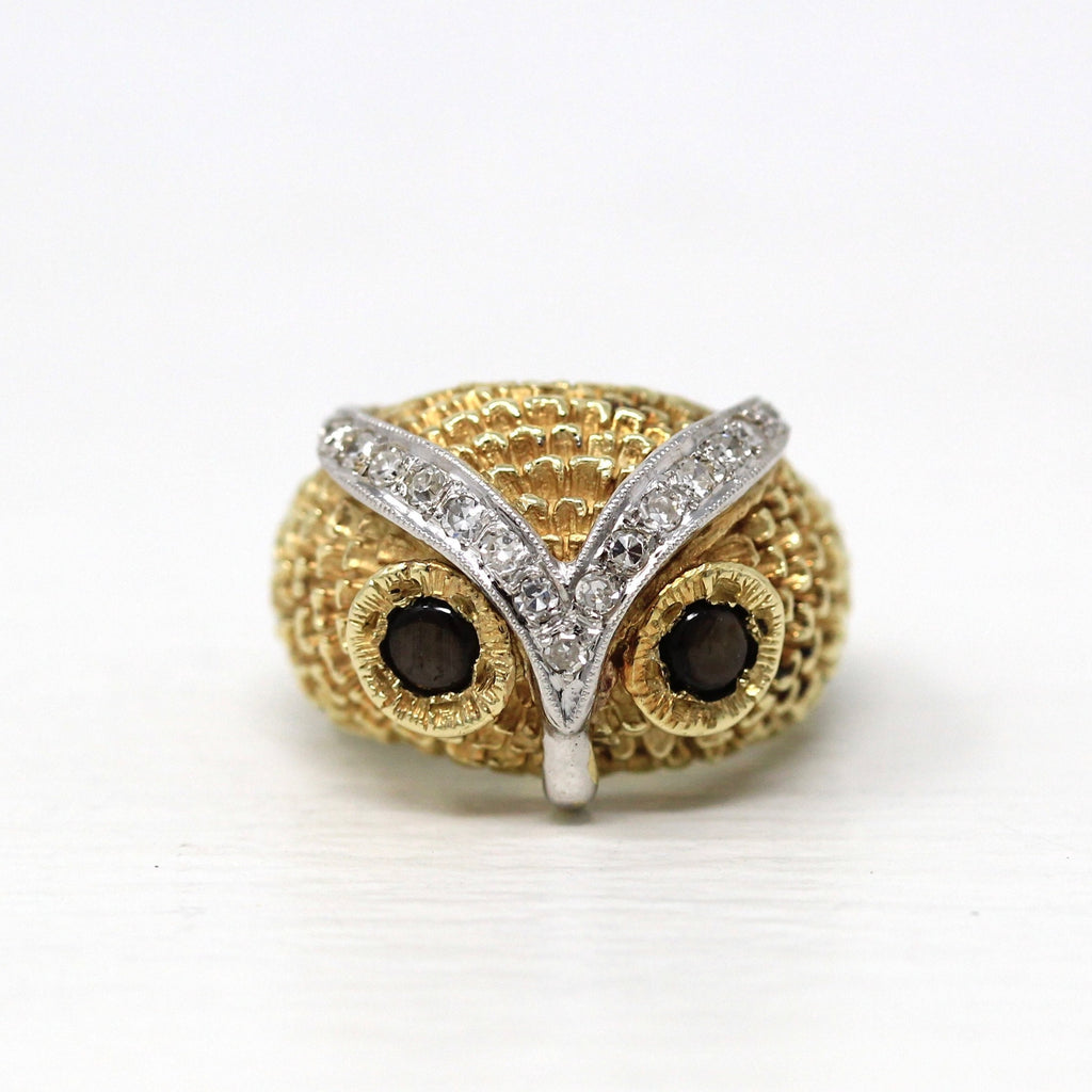 Vintage Owl Ring - Retro 14k Yellow Gold Black Star Sapphire Eyes - Circa 1960s Era Size 5 1/2 Diamonds Statement Cocktail Fine 60s Jewelry