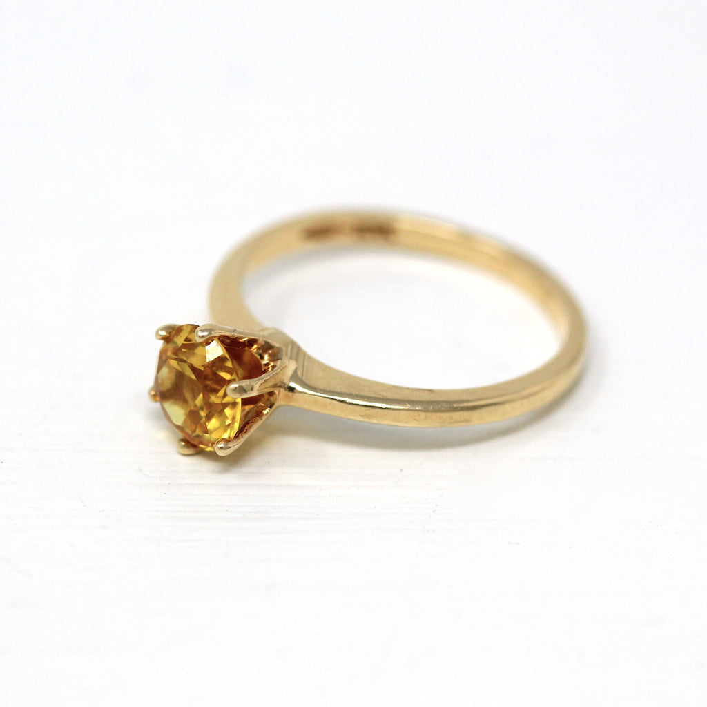 Created Yellow Sapphire Ring - Retro 10k Yellow Gold Round Faceted 1.23 CT Stone - Vintage Circa 1960s Era Size 5 3/4 Solitaire 60s Jewelry