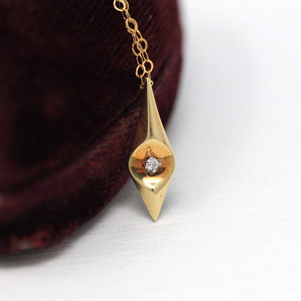 Genuine Diamond Charm - Modern 14k Yellow Gold .02 CT Gemstone Pendant Necklace - Estate Circa 2000's Era Dainty Diamond Shaped Fine Jewelry