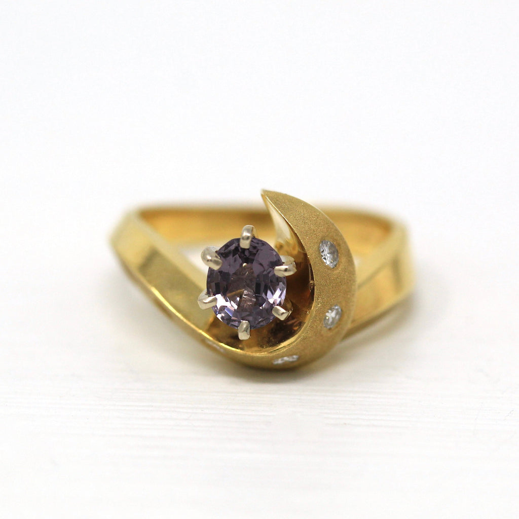 Crescent Moon Ring - 18k Yellow Gold Oval Purple Spinel & Diamond Statement - Size 5.5 Modern Estate Oval Gemtone Fine Celestial Jewelry
