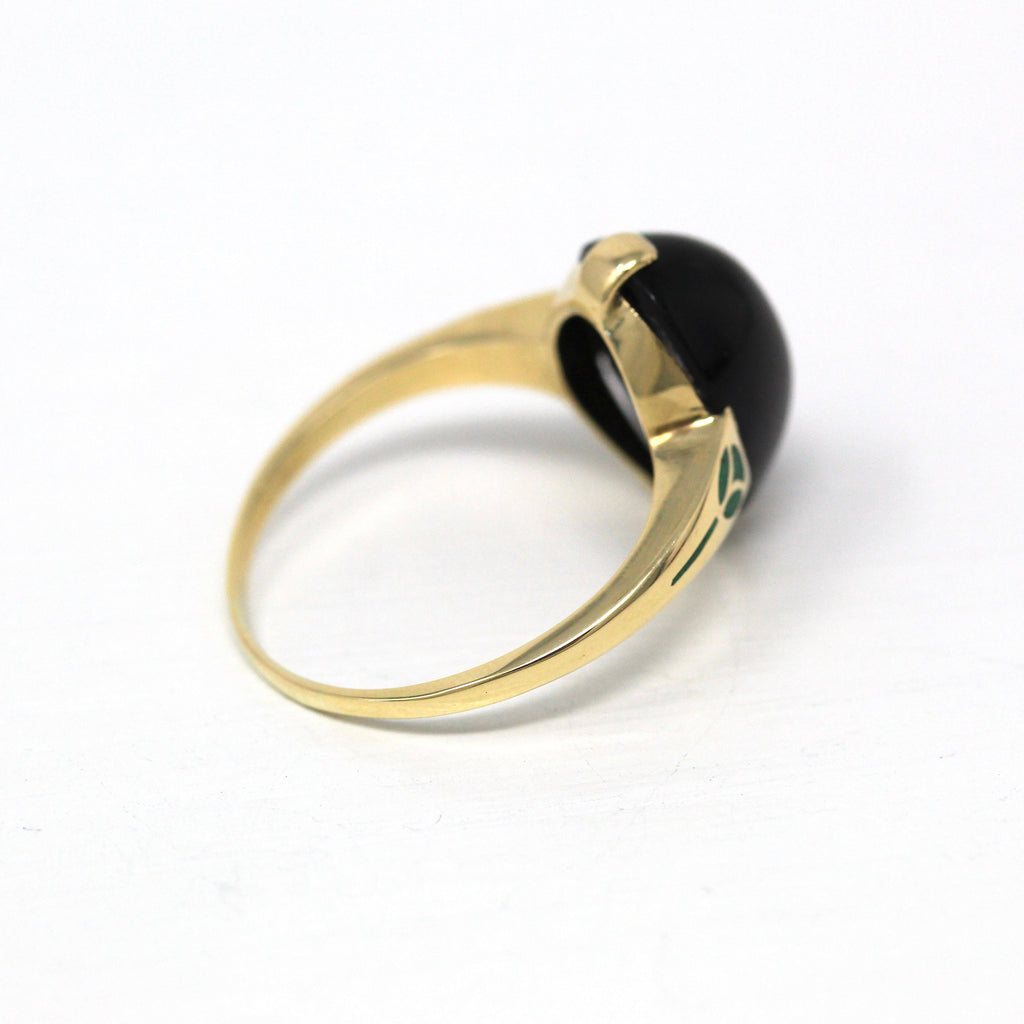 Genuine Onyx Ring - Antique 14k Yellow Gold Black Oval Cabochon Cut Gemstone - Vintage Circa 1910s Era Size 6 1/2 Green Enamel Fine Jewelry