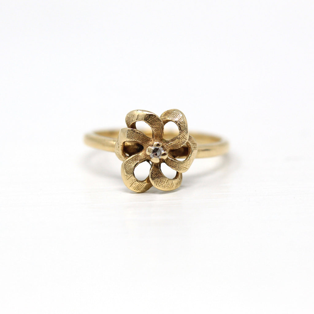 Diamond Flower Ring - Retro 14k Yellow Gold Round Faceted .02 CT Gem - Vintage Circa 1970s Era Size 6 April Birthstone Fine Floral Jewelry