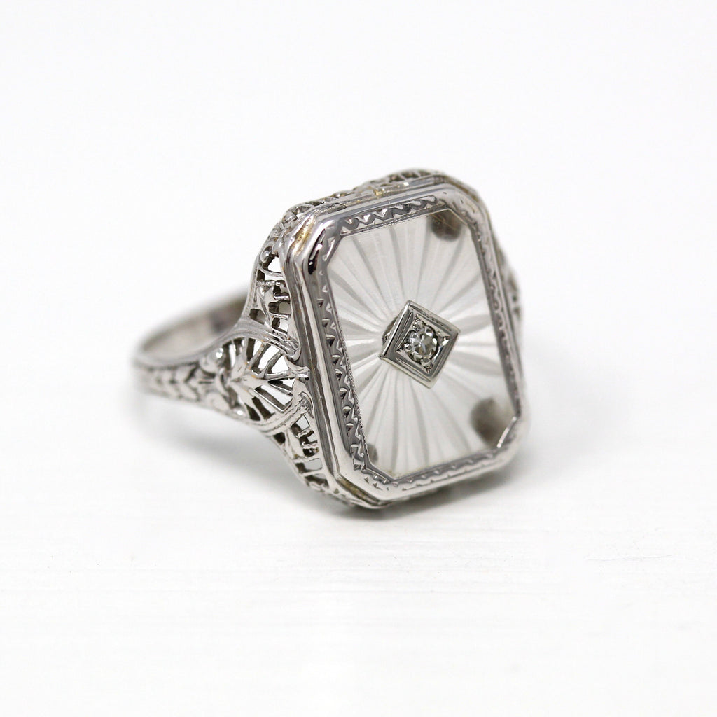 Art Deco Ring - Vintage 14k White Gold Rock Crystal Quartz Diamond Statement - Vintage 1930s Size 6 1/2 Camphor Glass Style 30s Fine Jewelry