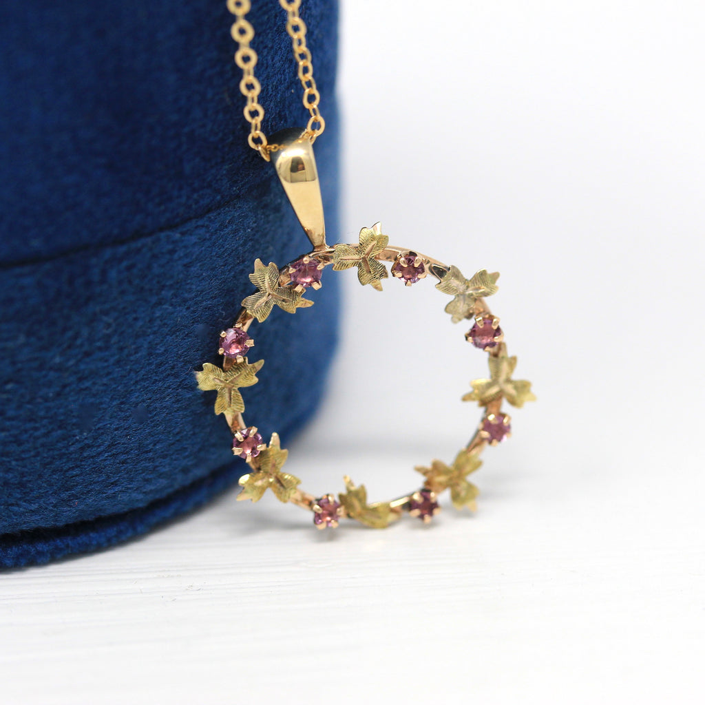 Antique Wreath Necklace - Edwardian 10k Yellow Gold Brooch Conversion Pendant - Circa 1910s Era Violet Glass Stones Leaf Motif Fine Jewelry