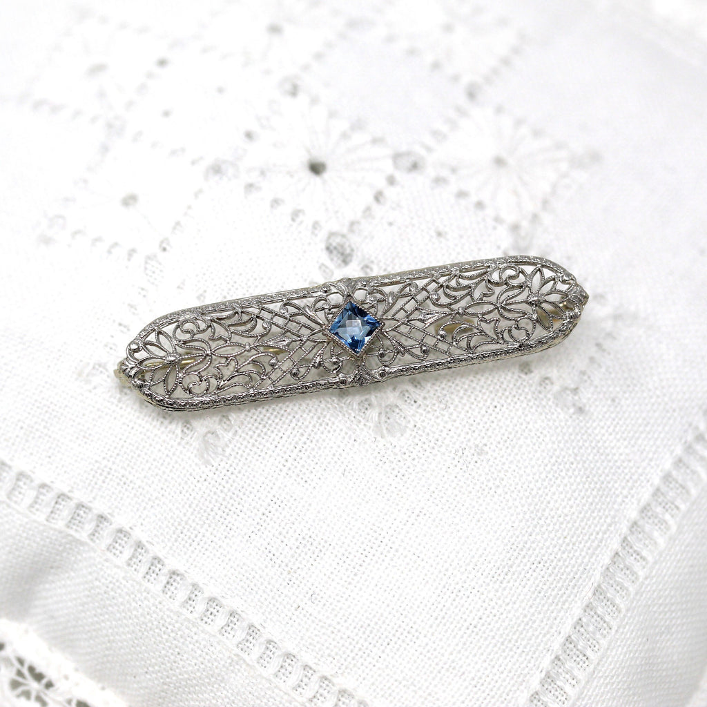 Genuine Aquamarine Brooch - Art Deco 14k White Gold Filigree Blue .19 CT Gemstone Pin - Antique Circa 1920s Era March Birthstone 20s Jewelry