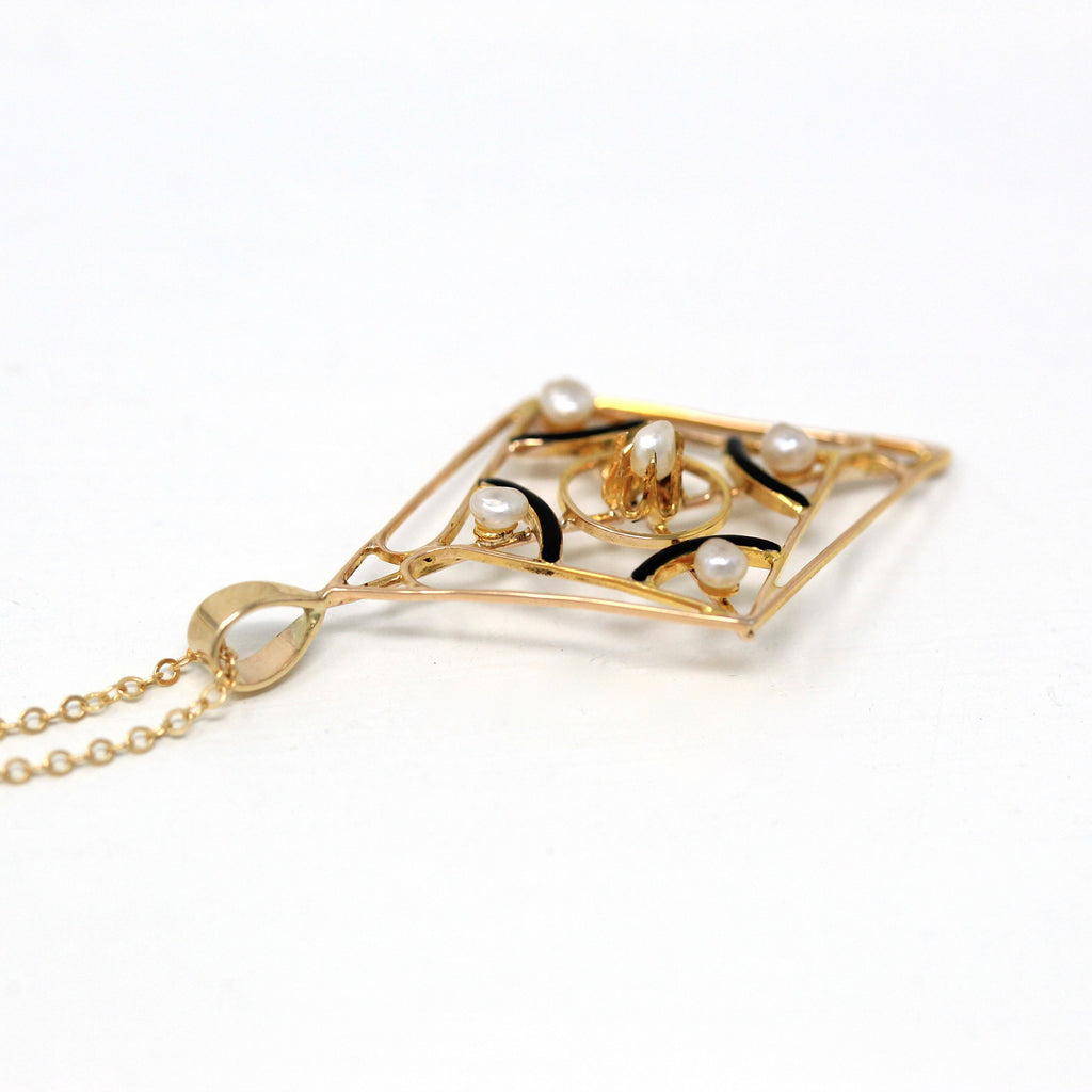 Black Enamel Pendant - Edwardian 10k Yellow Gold Brooch Conversion Seed Pearls Necklace - Antique Circa 1910s Era Fashion Accessory Jewelry